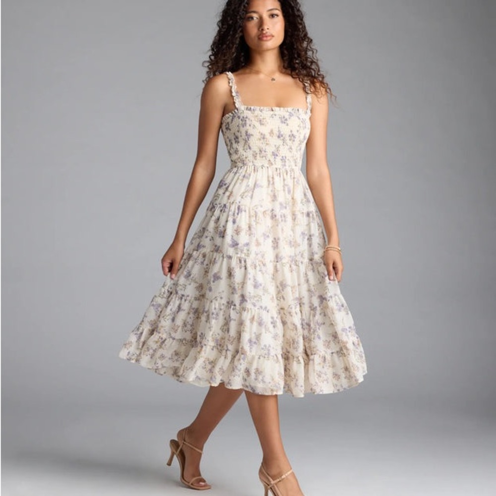 Windsor Floral Midi Dress in Cream and Purple